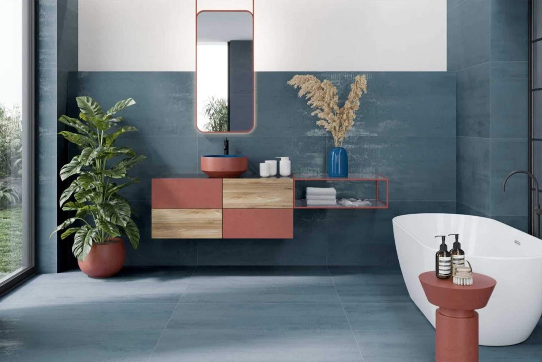 Nishi Concrete Effect Blue Porcelain Tiles Large Bathroom Kitchen 600x1200mm