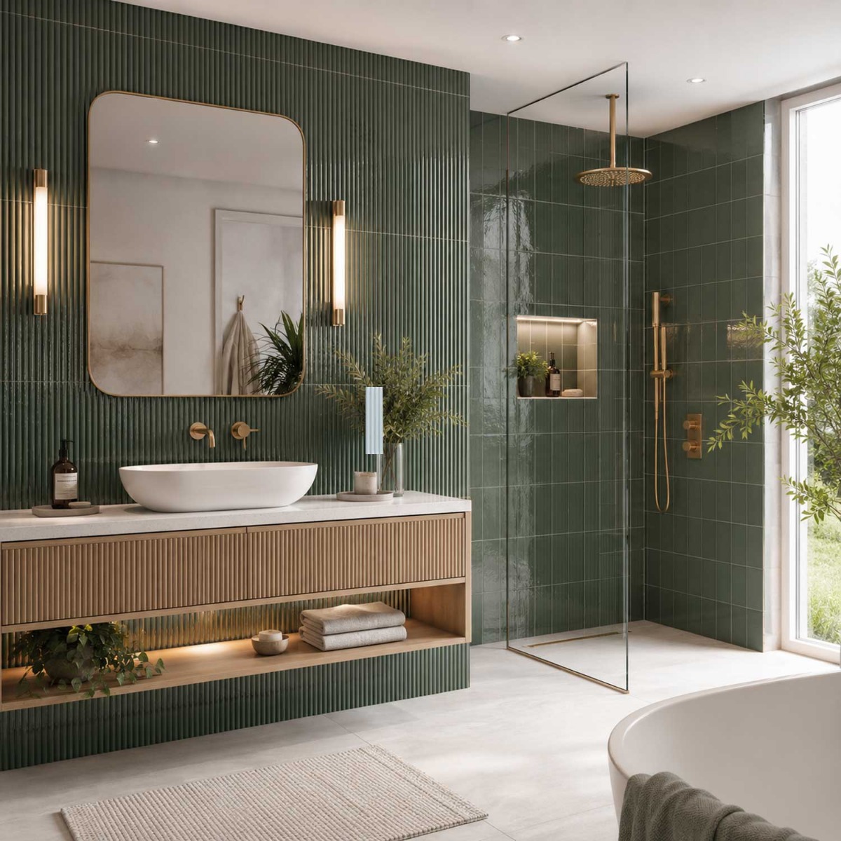 Prism Grooved Ceramic Wall Tile Indoor Dark Green 50x200mm