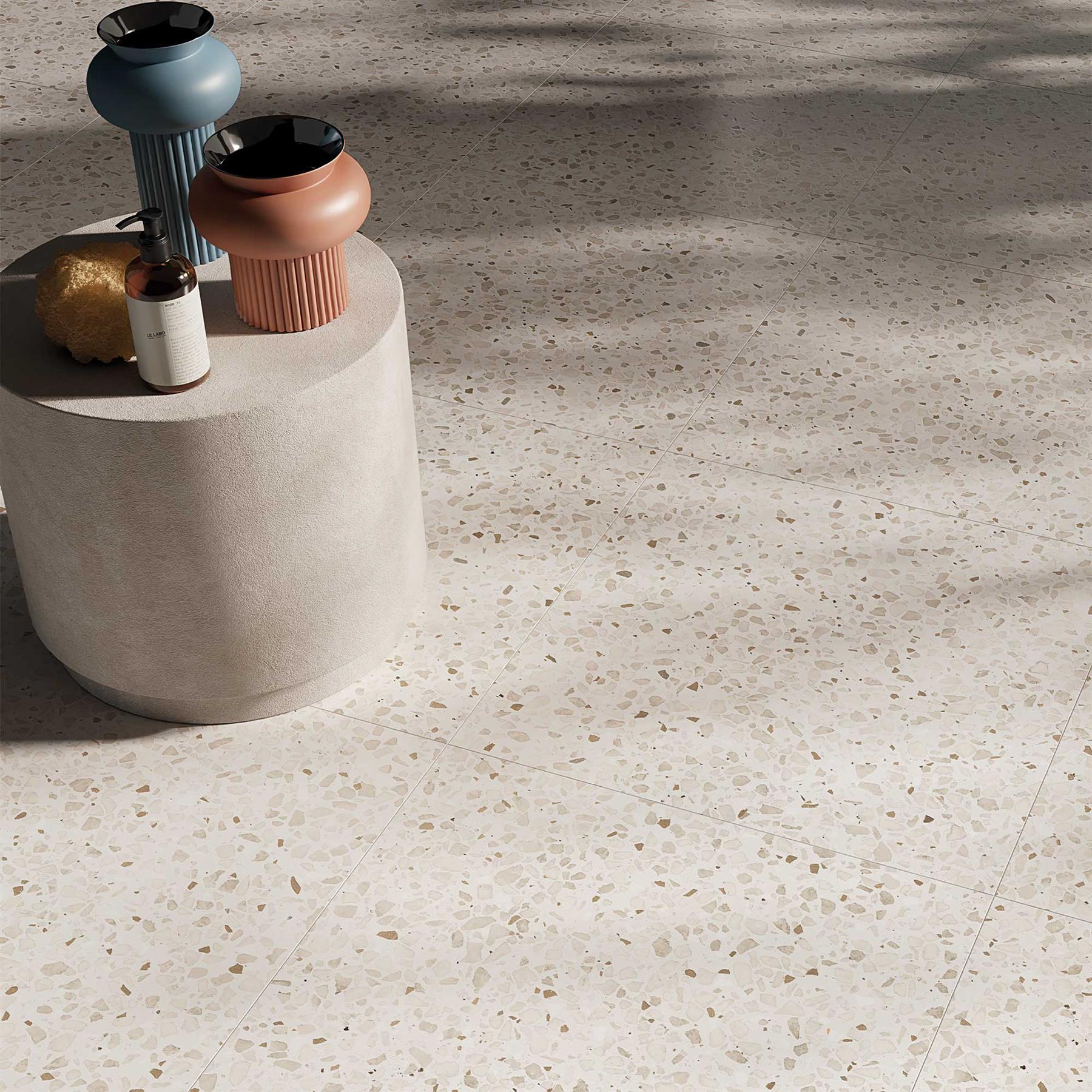 Modern Terrazzo White Porcelain Tile Bathroom Kitchen Floor 600x600mm