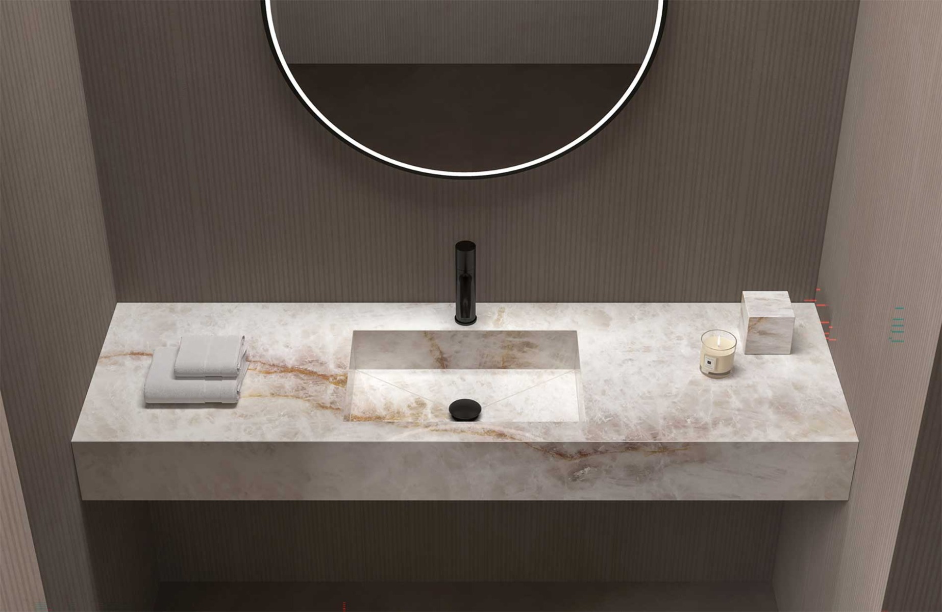 Solo Vanity Basin — Calacatta Gold single basin with round mirror, Tile Experience exclusive UK